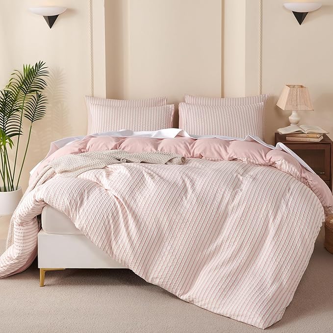 Pink Comforter King Size Set Striped 100% Soft Washed Microfiber Jacquard 3 Pieces Striped Bedding Sets Pink White Comforter for All Seasons and 2 Pillowcases Comfort Breathable