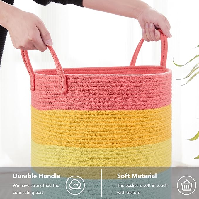 20 Inches Rainbow Baby Girls Kids Hamper Laundry Basket for Nursery Toddler Clothes Blanket Toy Storage Woven Rope Unicorn Hamper in Playroom Bedroom Large