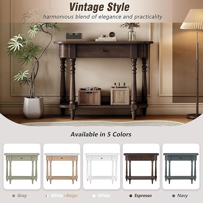 HMFULE Retro Curved Console Table, 36" Solid Wood Half Moon Console Table Sofa Table Entryway Table with 1 Drawer 1 Open Shelf Roman Legs Curved Corners for Living Room,Entryway,Hallway,Espresso