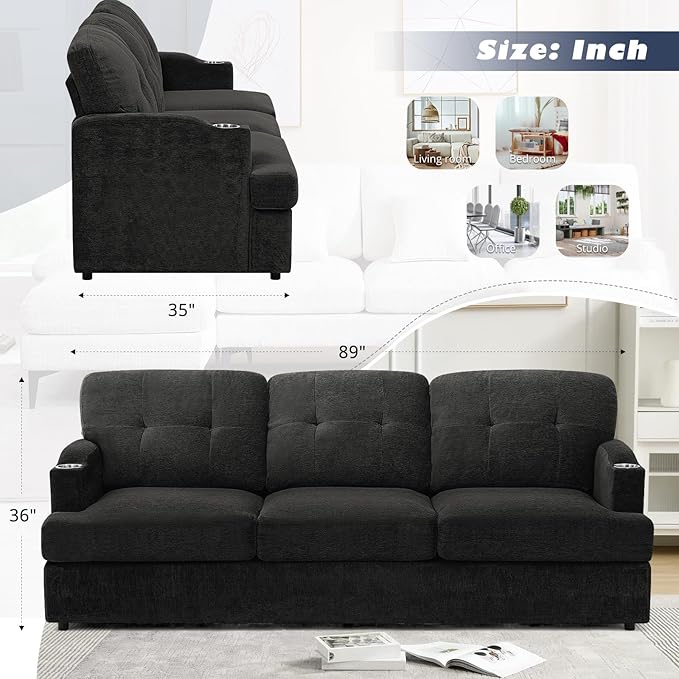 89" Chenille 3 Seats Sofa with Built-in Cup Holder, Tufted Modern Couch with Thickened Seat Cushions, Soft Upholstered Sofa with Deep Seating Space for Living Room, Apartment, Dark Grey