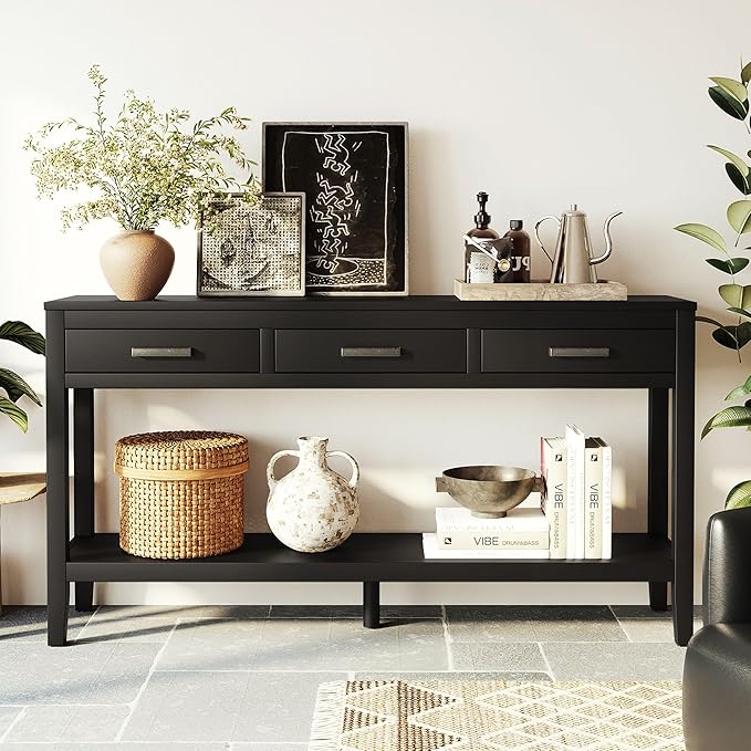 59" Black Console Table, Long Entryway Table with Storage, 3 Drawers Wood Console Table for Hallway Living Room, MDF Entryway Table Sofa Table Behind Couch, Modern Entry Table with Drawers