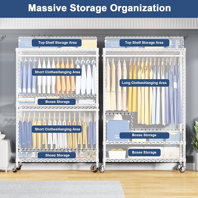P8C Heavy Duty Clothes Rack（With Extended Width Design） Rolling Clothing Racks for Hanging Clothes with Lockable Wheels，51.2" W x 15.8" D x 80.5" H，Max Load 700LBS，White Rack with Grey Cover