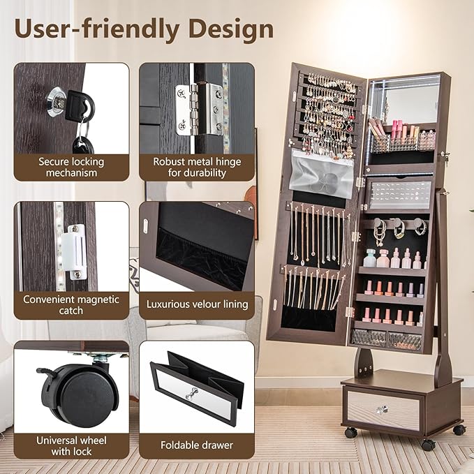 GOFLAME Standing Jewelry Cabinet Armoire with Wheels, Lockable Jewelry Storage Organizer with Full Length Mirror, 3-Color LED Lights, Interior Makeup Mirror, Jewelry Armoire for Bedroom (Brown)