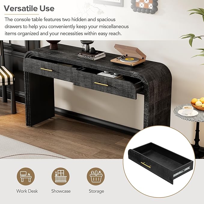 Unique Retro Silhouette Console Table with Open Style, Two Top Drawers for Entrance, Dinning Room, Living Room (Antique Black)