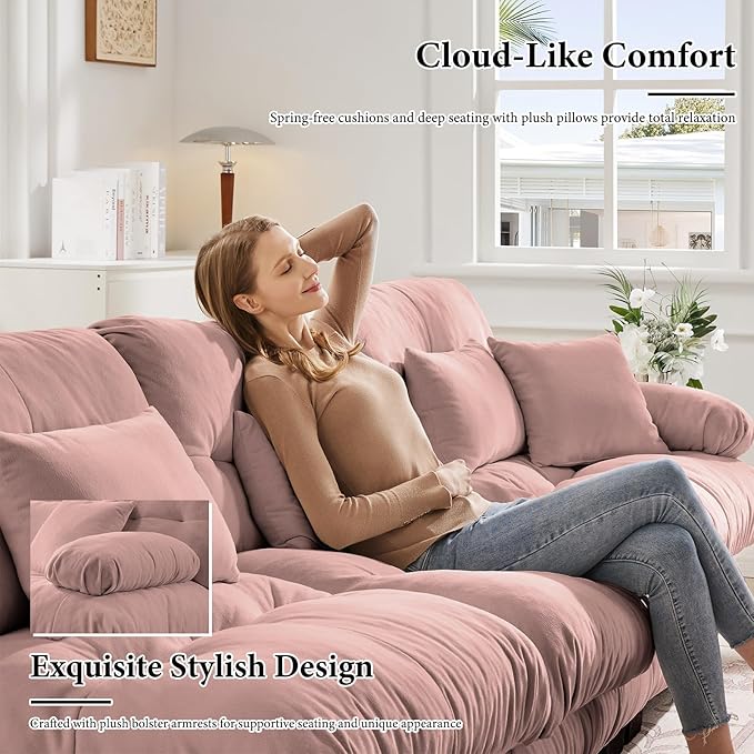 173.2" Oversized 4 Seater Modular Sectional Sofa, Pink Sectional Fluffy Couch Set, Chenille Cloud Couch with 6 Pillows, Deep Seat Sofas for Living Room