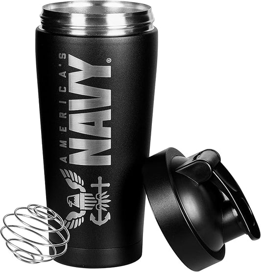 Military Gift Shop 24oz Navy Insulated Shaker Bottle with Engraved Logo–24oz Water Bottle–Cup for Protein Shakes | (Navy) Shaker