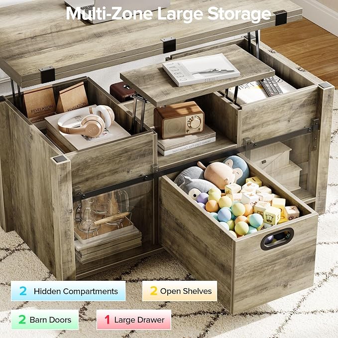 40" Farmhouse Lift Top Coffee Table with Sliding Barn Door,4 in 1 Multi-Function Coffee Tables with Storage Drawers & Hidden Compartment,Converts to Dining Table for Living Room,Grey