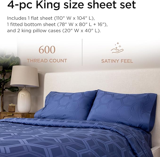 Threadmill 100% Cotton Sheets for King Size Bed - 600 Thread Count King Bed Sheets Set with 16” Deep Pocket - Jacquard Sateen Weave 4-Piece Bedding Set with Cooling Effect, Folkstone Blue