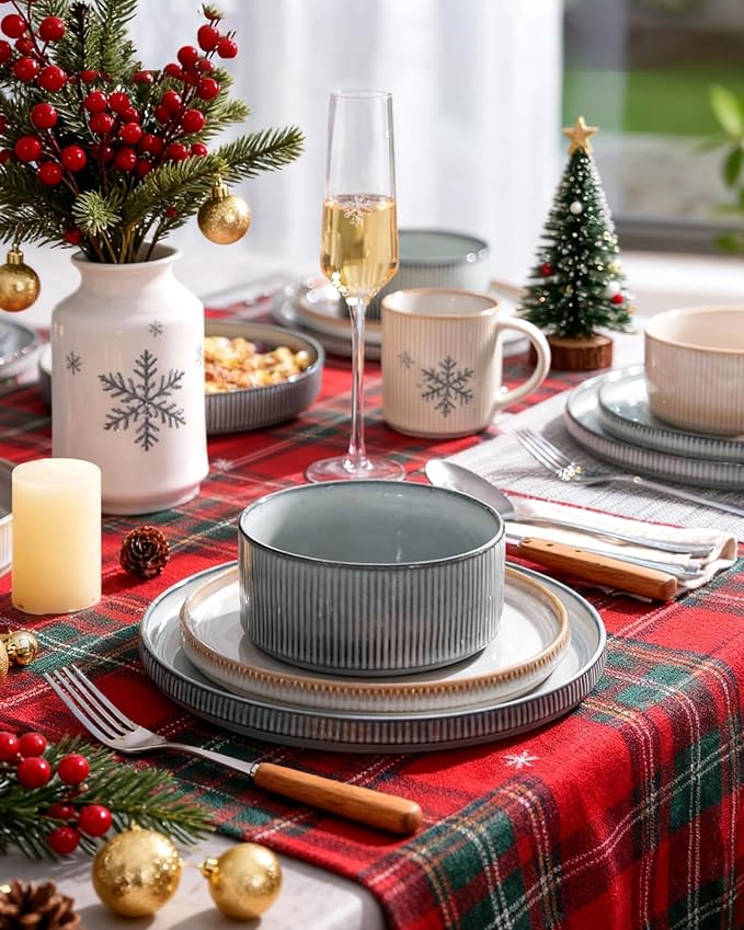famiware Star Dinnerware Set, Plates and Bowls Sets for 4 (12pcs), Ribbed Stoneware Dishes - Chip & Scratch Resistant, Microwave & Dishwasher Safe, Multicolor - Cappuccino White & Smoky Blue