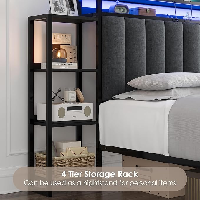 Keyluv Twin Bed Frame with Storage Headboard & Charging Station, Upholstered LED Platform Bed with Bedside Storage Rack & Drawer, Metal Slat Support, No Box Spring Needed, Linen Fabric, Black