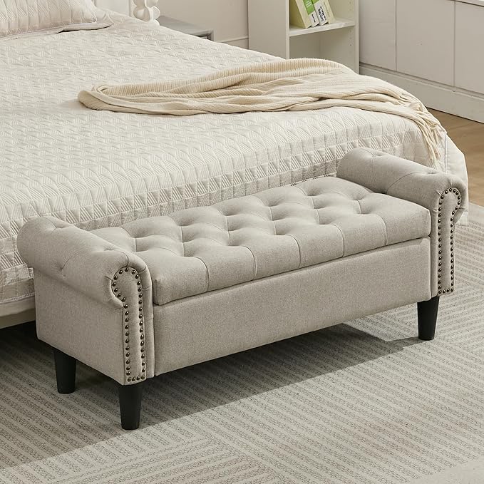 Storage Bench, 50" Queen End of Bed Bench, Linen Tufted Button Upholstered Bedroom Bench, Storage Ottoman with Rolled Arms, Window Bench with Storage, for Living Room, Entryway Light Brown