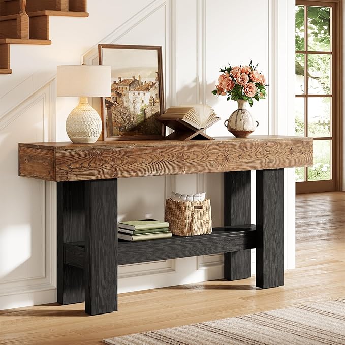 Solid Wood Black Console Table for Entryway, 63-Inch Long Narrow Sofa Table Behind Couch with Storage Shelf for Living Room, Hallway, Foyer, Entrance, Rustic Brown + Black
