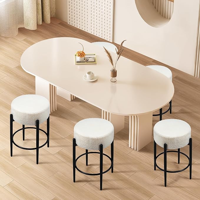 Counter Height Bar Stools, Set of 2, 24" Modern Backless Bar Stools, Ideal for Kitchen Counter, Kitchen Island, Boucle Sherpa Padded Cover, with Round Soft Seat and Foot Rest, White