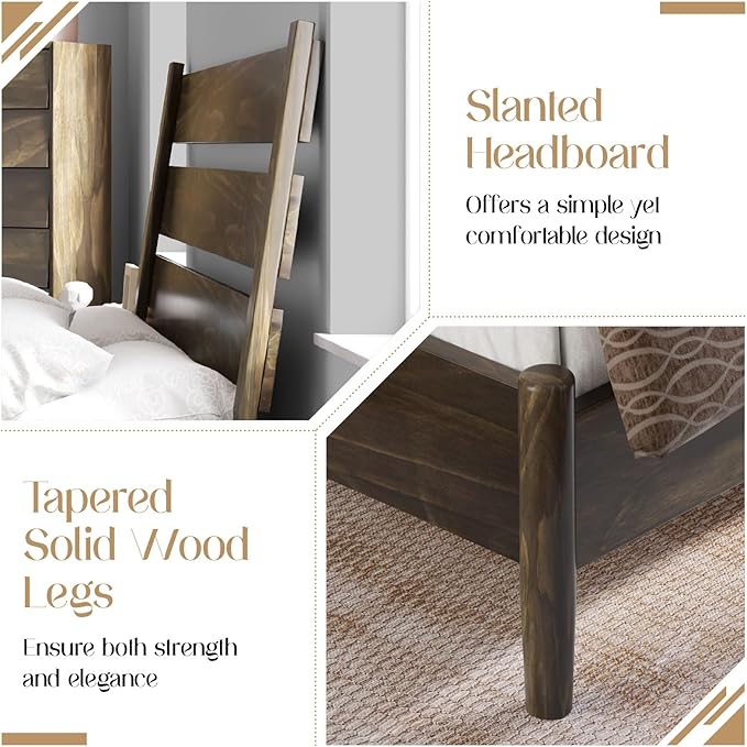 VanAcc Solid Wood Queen Bed Frame, Platform Bed with Reclining Slatted Headboard, Mid Century Bed Frame with Wood Slat Support, Dark Brown