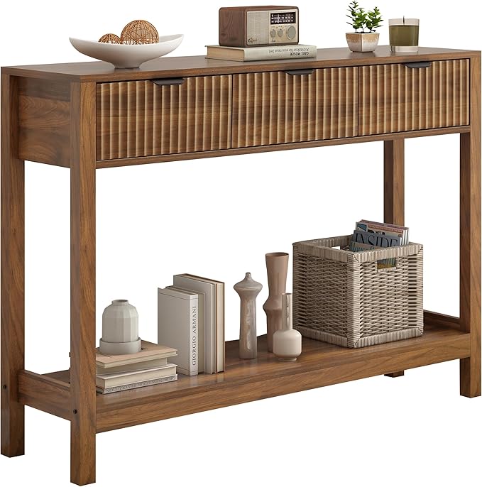 Fluted Console Table, Wooden Sofa Table with Storage and Drawers, Farmhouse Behind Couch Table Entryway Table for Entrance, Hallway, Living Room, Brown