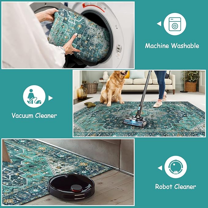 Moynesa Ultra-Thin Washable Runner Rug - 2'6" x 10' Teal Runners for Hallways Stair Carpet Runner, Oriental Non Skid Non Shedding Low Pile Kitchen Mat for Bedroom Mudroom Hardwood Floor