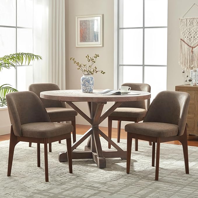 VKNOW Modern Dining Chairs Set of 4, Faux Leather Kitchen Chairs with Wood Legs, Upholstered Side Chair for Kitchen Dining Room, Dark Brown