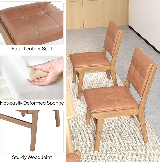 KCC Modern PU Leather Dining Chairs Set of 4, Upholstered Kitchen Chairs with Solid Wood Legs and Comfortable Seat for Dining Room/Lounge/Bedroom(Brown)