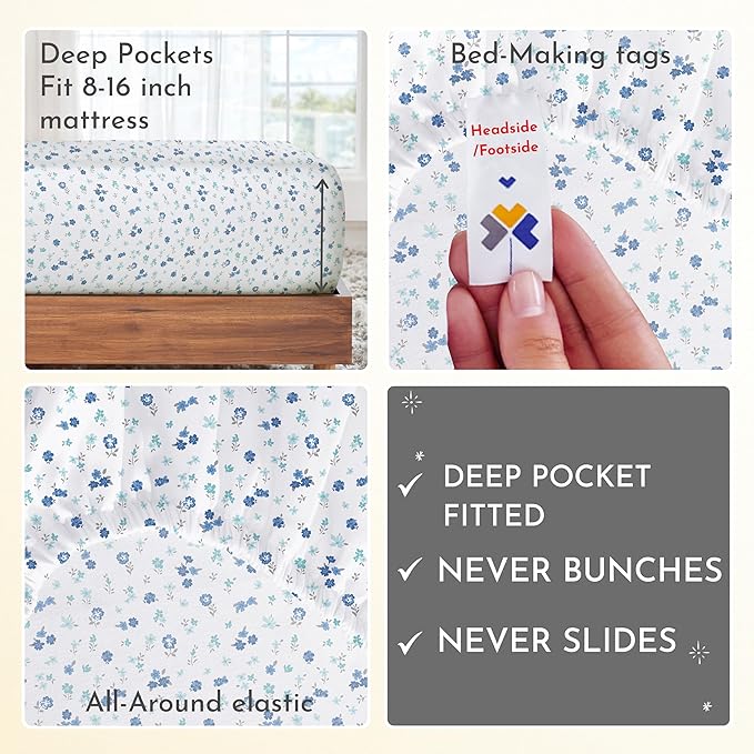 California Design Den Full Size Bed Sheets Set - 400 Thread Count Sateen, Natural 100% Cotton Sheets, Deep Pocket Cooling and Durable Bedding - Blooming Meadows