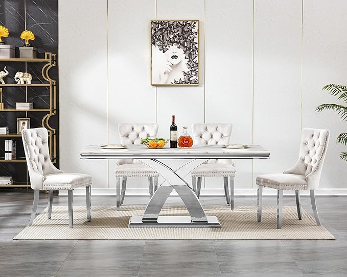 Goujxcy 7-Piece Dining Table Set Modern Faux Marble Dining Table Set for 6, Luxury 68" Long Faux Marble Kitchen Table with 6 Velvet Upholstered Chairs & Mirrored Stainless Steel Base