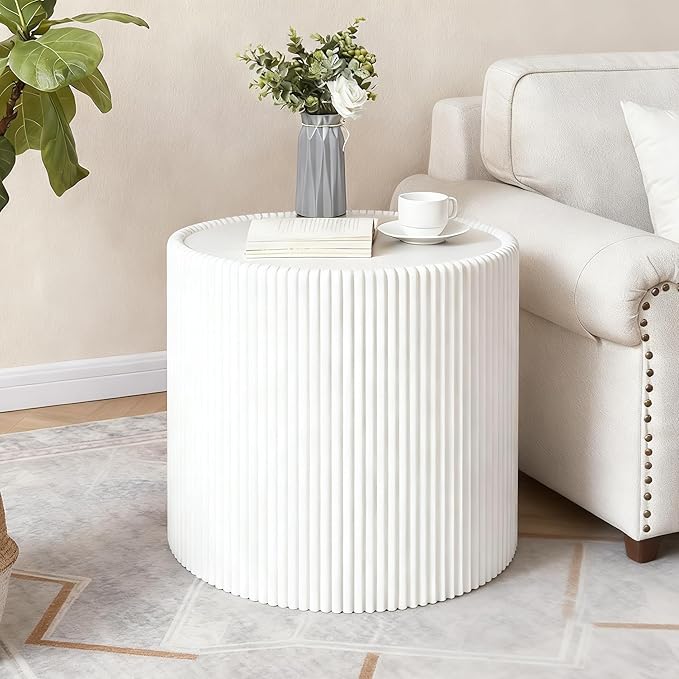 Round Coffee Table Set with Sintered Stone Tabletop, 29.52" Grey Drum Center Table and 17.71" White Coffee Table Set, 2 Pieces Living Room Table Set with Fluted PU Leather Cover& Stable Base