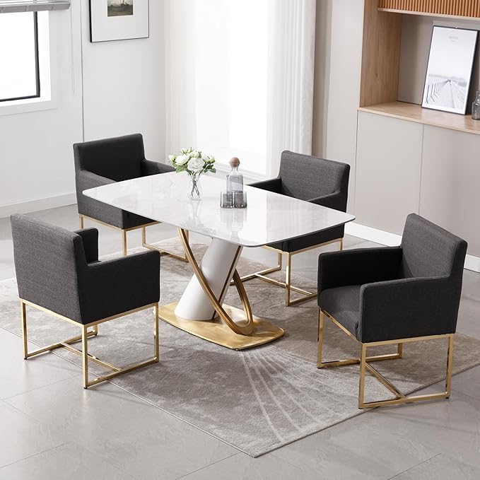 Upholstered Dining Chairs with Armrest Set of 6 Mid Century Modern Accent Chairs Armchairs with Gold Metal Frame, Modern Kitchen & Dining Room Chairs, Charcoal
