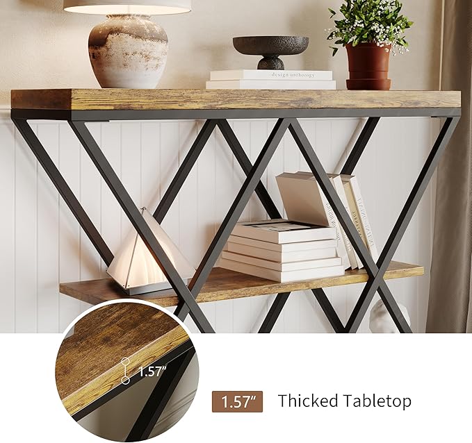 Garvee 3-Tier Entryway Table, Industrial Console Sofa Table with Storage, Accent Table with Open Shelves, X-Shaped Metal Frame, Foyer Table for Entryway, Hallway, Rustic Brown