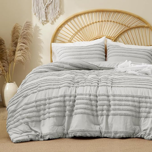 BEDELITE Boho King Size Comforter Set - Light Grey Tufted Striped Bed Set 3 Pieces, Soft Vintage Farmhouse Comforter for All Seasons, Boho Home Decor,Fluffy Jacquard Bedding with Pillow Sham