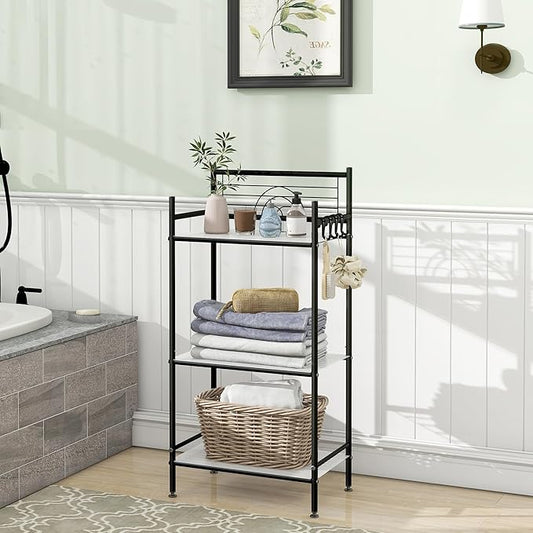MallBoo 3-Tier Metal Freestanding Storage Shelf,Standing Bathroom Shelves with 3 x PP Shelf Liners and 4 x Hooks for Laundry Kitchen Office (Black)