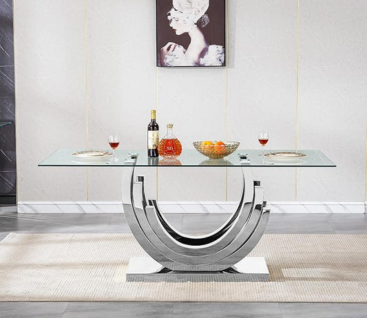 Goujxcy 70" Modern Glass Dining Table for 6-8, Luxury Silver Glass Dining Room Table with Mirrored Ring-Shape Stainless Steel Base, Rectangle Kitchen Dinner Tables for Dining Room Kitchen