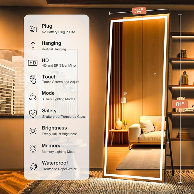 Full Length Mirror with Lights, 81" x 34" Large LED Lighted Floor Standing Body Mirror, Dimmable & 3 Color Lighting for Bedroom, Cloakroom, Dressing Room, Leaning & Hanging, Square Black