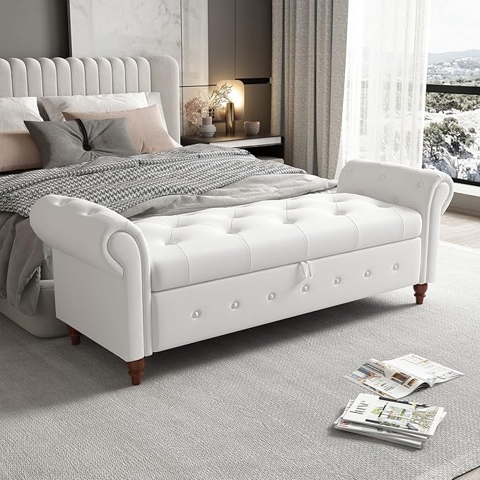 GNIXUU 63" End of Bed Storage Bench for Bedroom, Upholstered Ottoman Seat with Storage for Living Room, Window, Entryway, Cream White Velvet