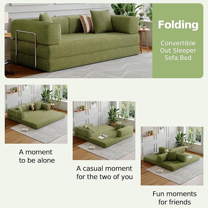 78.8''Convertible Sleeper Sofa Bed,Compressed Floor Boneless Couch,Modular Modern Corduroy Sofa for Living Room Bedroom -with Fixed-Shape Frame and Support Armrest,Easy Assembly(Fruit Green)
