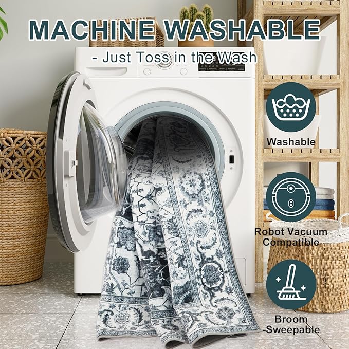 WILLSUN Washable Area Rugs, 2x6 Non-Slip Boho Area Rugs for Kitchen, Living Room, Bedroom, Machine Washable Vintage Rug, Indoor Floral Print Carpet for Home Decor, Kid & Pet Friendly Mat