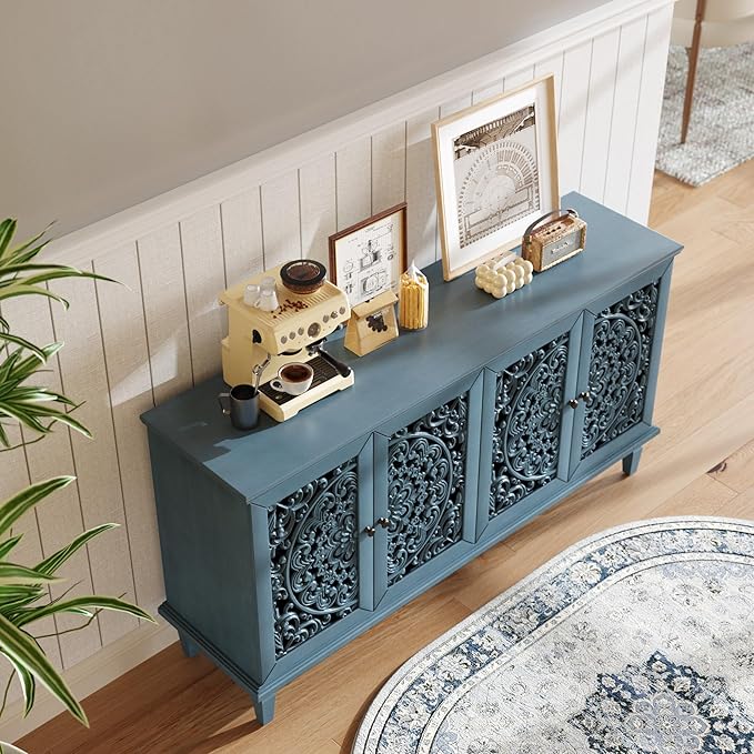 Retro 60'' Large Storage Cabinet Sideboard with 4 Hollow-Carved Doors and Adjustable Shelves, Acacia Wood Vintage Entryway Console Table TV Stand for Living Room Dining Room (Antique Blue-LK)