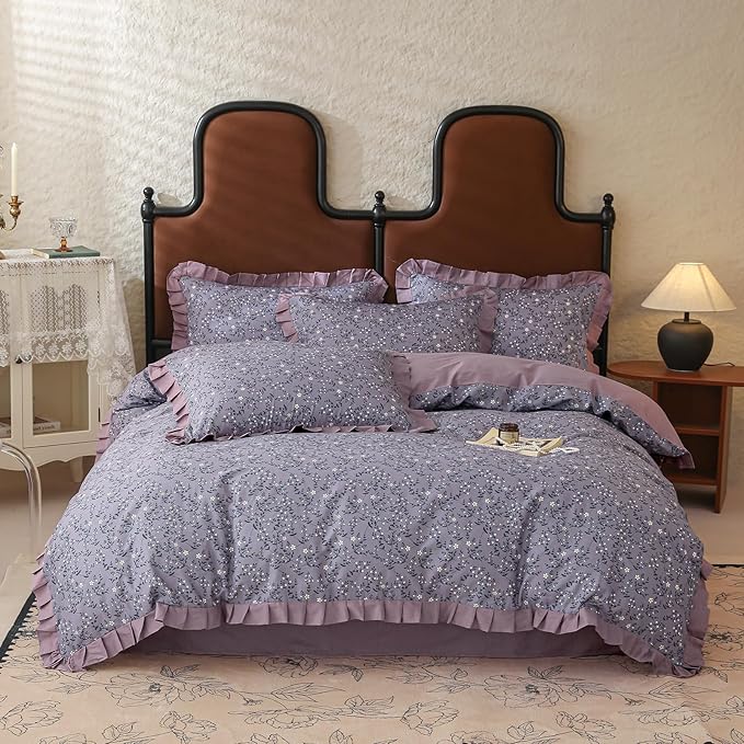 Purple Ruffle Duvet Cover King 100% Cotton Daisy Flower Comforter Cover Boho Cottagecore Bedding Set Vintage Floral Quilt Cover Romantic Ruffle Comforter Cover Botanical Floral Duvet Cover Set King