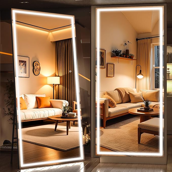 Full Length Mirror with Lights, 95" x 40" Large LED Lighted Floor Standing Body Mirror, Dimmable & 3 Color Lighting for Home Gym, Cloakroom, Living Room, Leaning & Hanging, Square Black