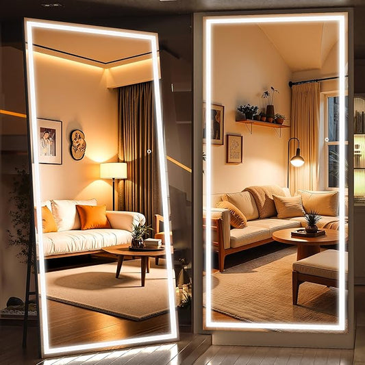 Full Length Mirror with Lights, 95" x 40" Large LED Lighted Floor Standing Body Mirror, Dimmable & 3 Color Lighting for Home Gym, Cloakroom, Living Room, Leaning & Hanging, Square Black
