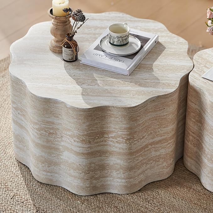 Round Coffee Tables Set of 2 for Living Room,Faux Mars Pattern Modern Minimalist Side Accent End Table for Apartment,Office(Beige Brown,26.7" & 23.6")