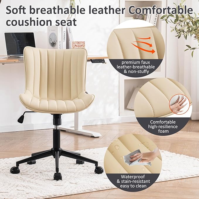 Kidol & Shellder Beige Leather Home Office Desk Chair with Wheels Modern Cute Armless Executive Swivel Vanity Chair with Comfy Padded Back Ergonomic Rolling Adjustable Computer Task Chair Small