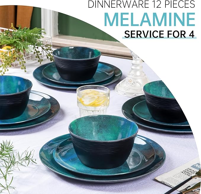 Melamine Dinnerware Sets for 4, 12pcs Plates and Bowls Sets for Daily Use, Dishwasher Safe, BPA-free, Teal Green
