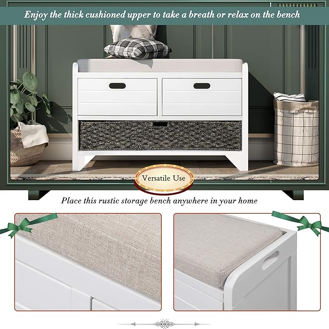 Fully Assembled Storage Bench with Cushioned Seat, 2 Drawers & Removable Basket, Solid Wood Entryway Shoe Bench for Bedroom, Hallway, Living Room (White)
