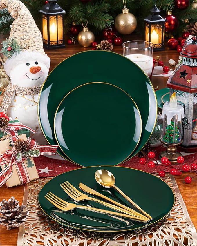 PULOTE 100PCS Green Plastic Plates - Green Disposable Plates With Gold Rim - Include 50 Pieces Dinner 10.25inch,50 Pieces Dessert 7.5inch for Party&Christmas