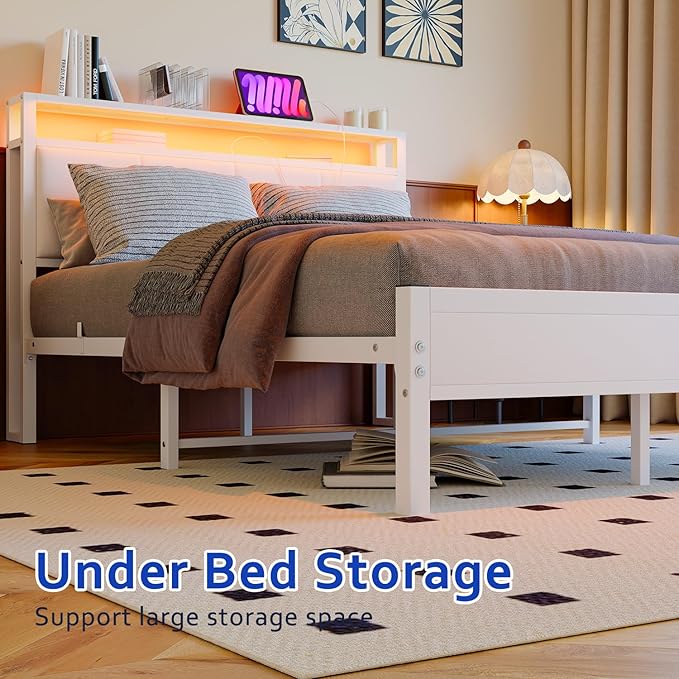 Full Size Bed Frame with LED Lights,Upholstered Headboard with Storage Shelves&Charging Station, Heavy Duty LED Bed Frame Full Mattress Foundation No Box Spring Needed, Noise Free,White