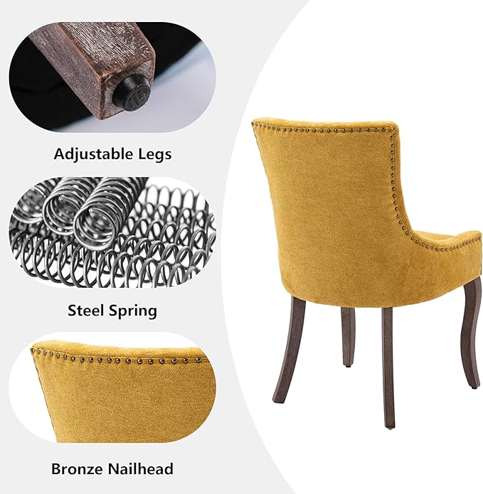 Farmhouse Dining Chairs Set of 6, Upholstered Fabric Dining Room Accent Chairs with Wood Legs & Bronze Nailhead, High Wingback Kitchen Chairs for Living Room Hotel Apartment, Golden Yellow