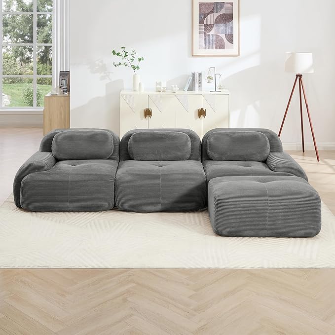 116" Modern Corduroy Cloud Sofa with Ottoman, L Shaped Boneless Modular Large Sectional Couches for Living Room, Gray 3 Seater Compressed Memory Foam Couch, Extra Deep Seat, No Assembly
