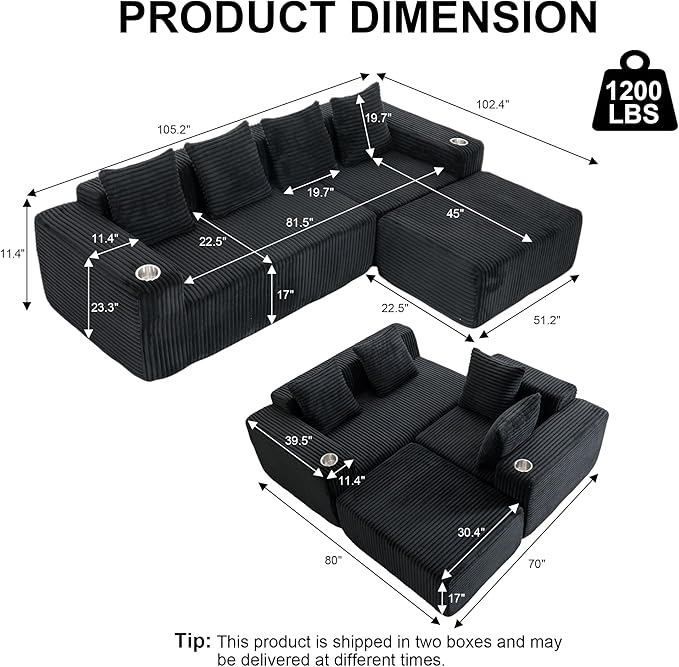 106" Modular Sectional Sofa, Modern Cloud L-Shape Couch with Ottoman Chaise, Comfy Deep Seat Chenille Boneless Couches for Living Room, No Assembly Required, Black