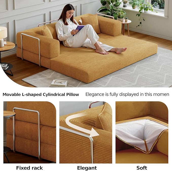 Compressed Sleeper sofa bed,Convertible Floor Boneless Couch-With Comfy Pillow,Modular Modern Corduroy Sofa for living room Bedroom Lounge Studio-With Fixed-shape Frame and support Armrest(Yellow)