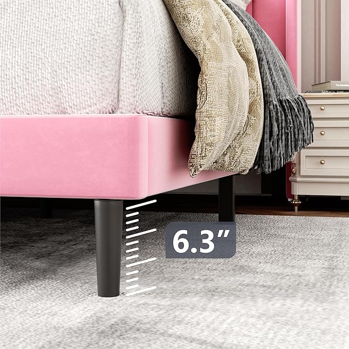 Queen Size Bed Frame with Upholstered Wingback Headboard, Easy Assemnly Platform Bed, Wooden Slat Support No Box Spring Needed, Pink Velvet