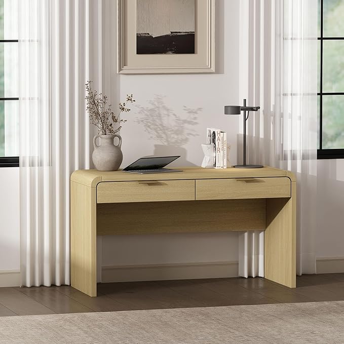 Manhattan Comfort Grace 54" Modern Home Office Desk with Drawers, Metal Handles, and Ample Workspace, Stylish Wood Table for Writing, Vanity, Work or Study, Natural Oak & Gold